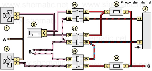Схема включения электродвигателей вентиляторов системы охлаждения двигателя автомобиля Chevrolet Niva (ВАЗ-2123)