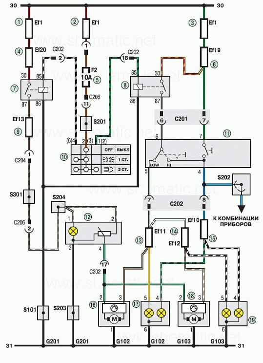 Соединения приборов освещения Шевроле Ланос (схема 2)