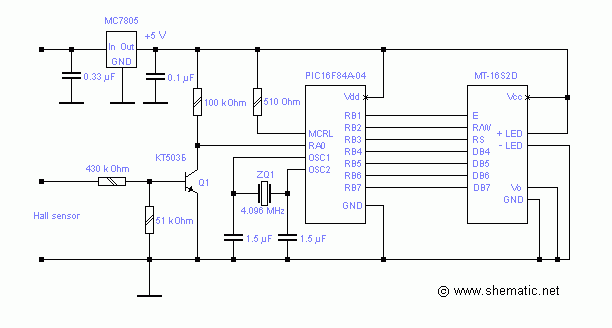 Принципиальная схема тахометра для автомобиля на PIC16F84A