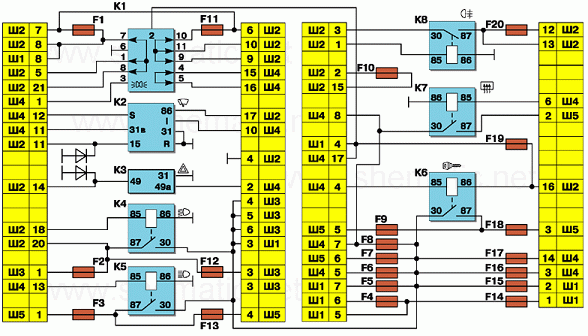 Схема соединений монтажного блока ВАЗ-2110