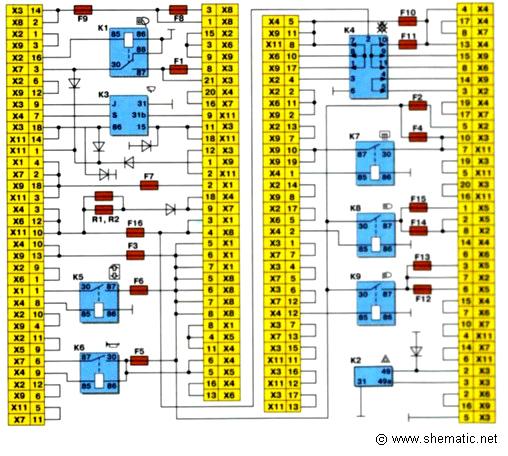Схема монтажного блока ВАЗ-2109, ВАЗ-2108 (тип 2114-3722010-60)