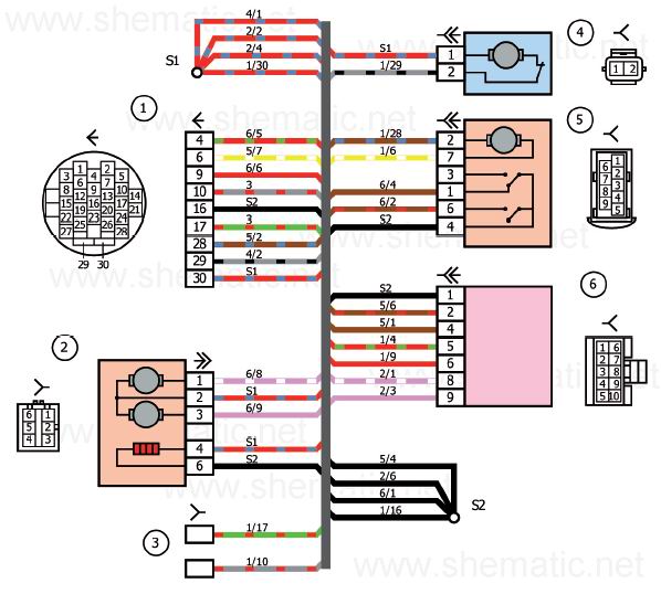 Схема электрических соединений жгута проводов дополнительного заднего левого (жгута проводов левой передней двери) автомобилей LADA KALI NA 11174,11184, 11194