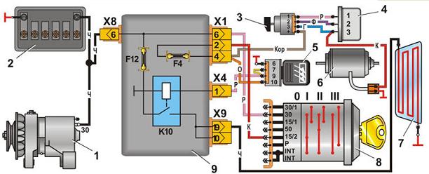 Схема включения электродвигателя вентилятора системы охлаждения автомобиля Москвич