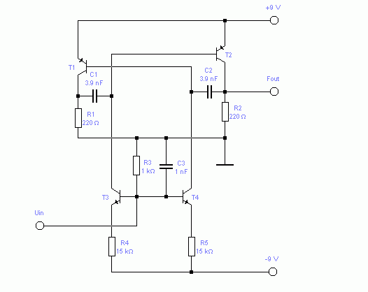 Схема преобразователя напряжение - частота на транзисторах КТ315, КТ361.
